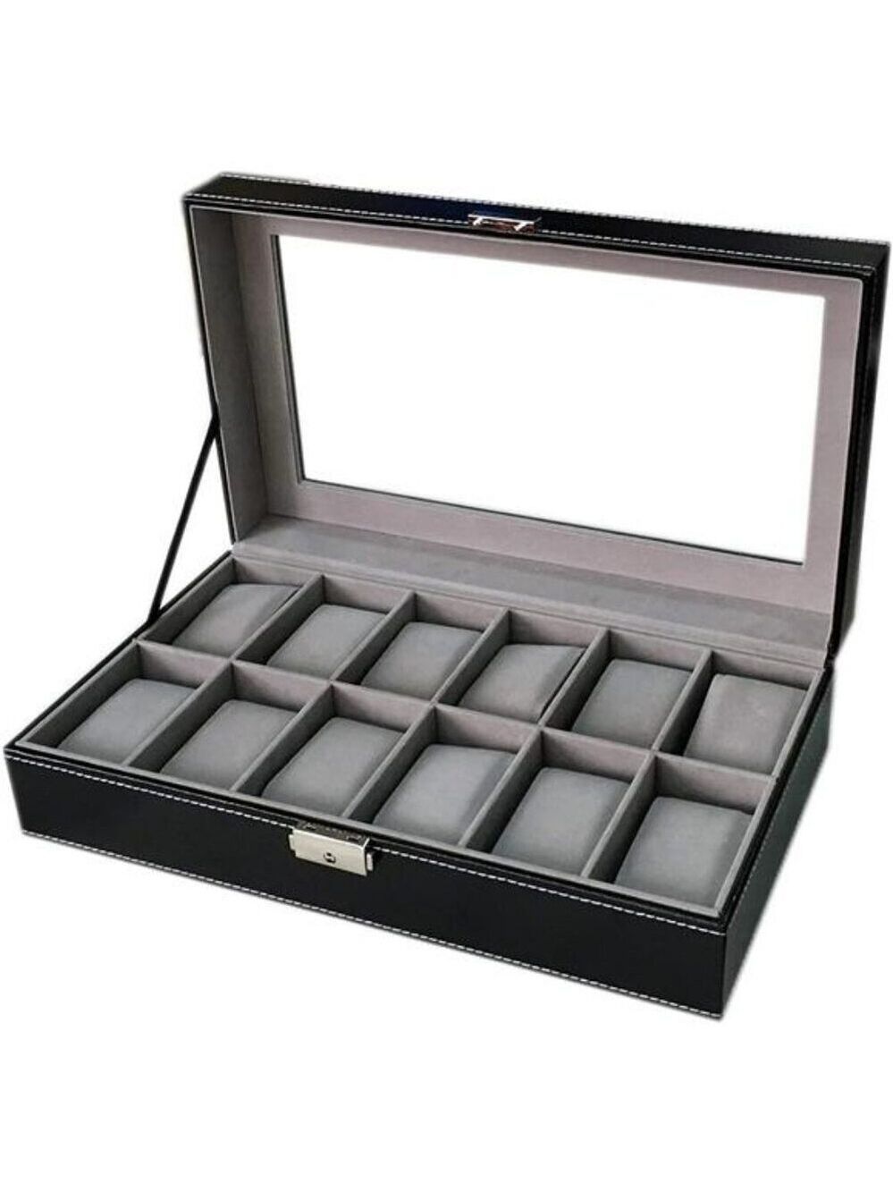 Mens Watch Display Case Black Leather Organizer with Glass Top Holds 12 Watches